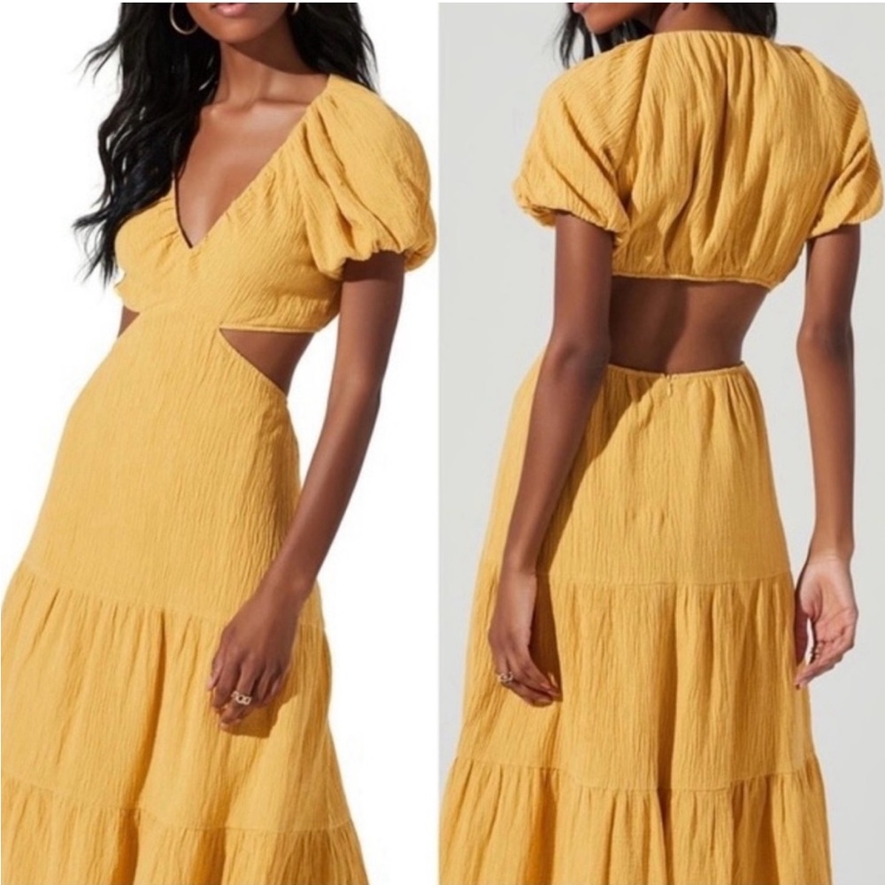 ASTR Mustard Yellow Puff Sleeve Cutout Open Back Midi Dress